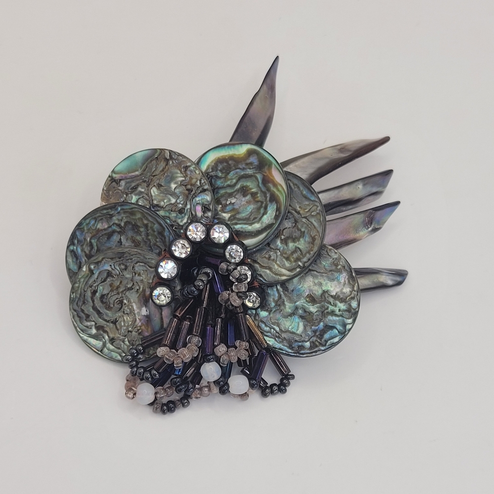Statement Abalone Shell and Bead Tassel Brooch/Pin, Iridescent Peacock Hues